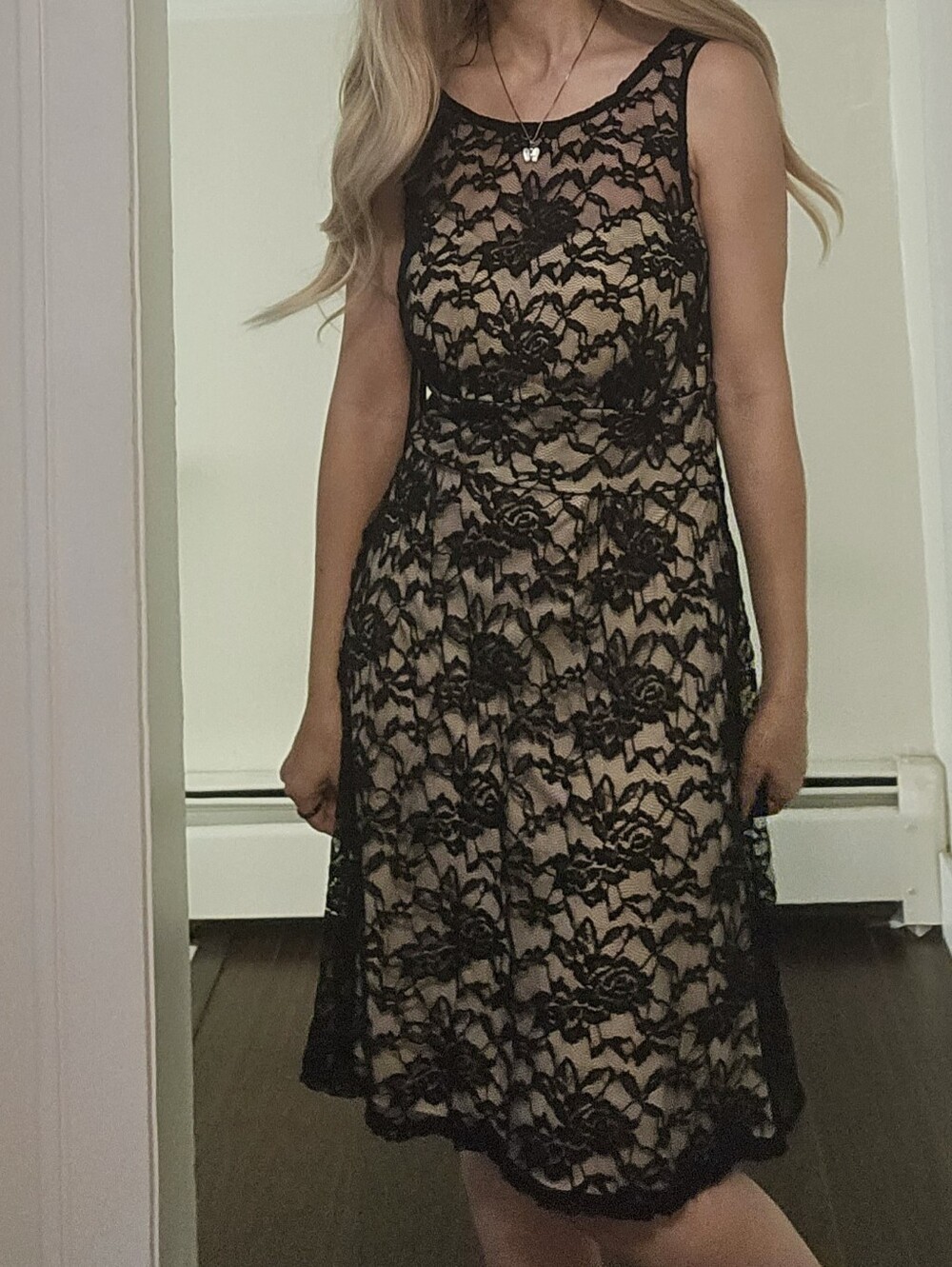 Sleeveless Black Lace Overlay Dress with Nude Lining